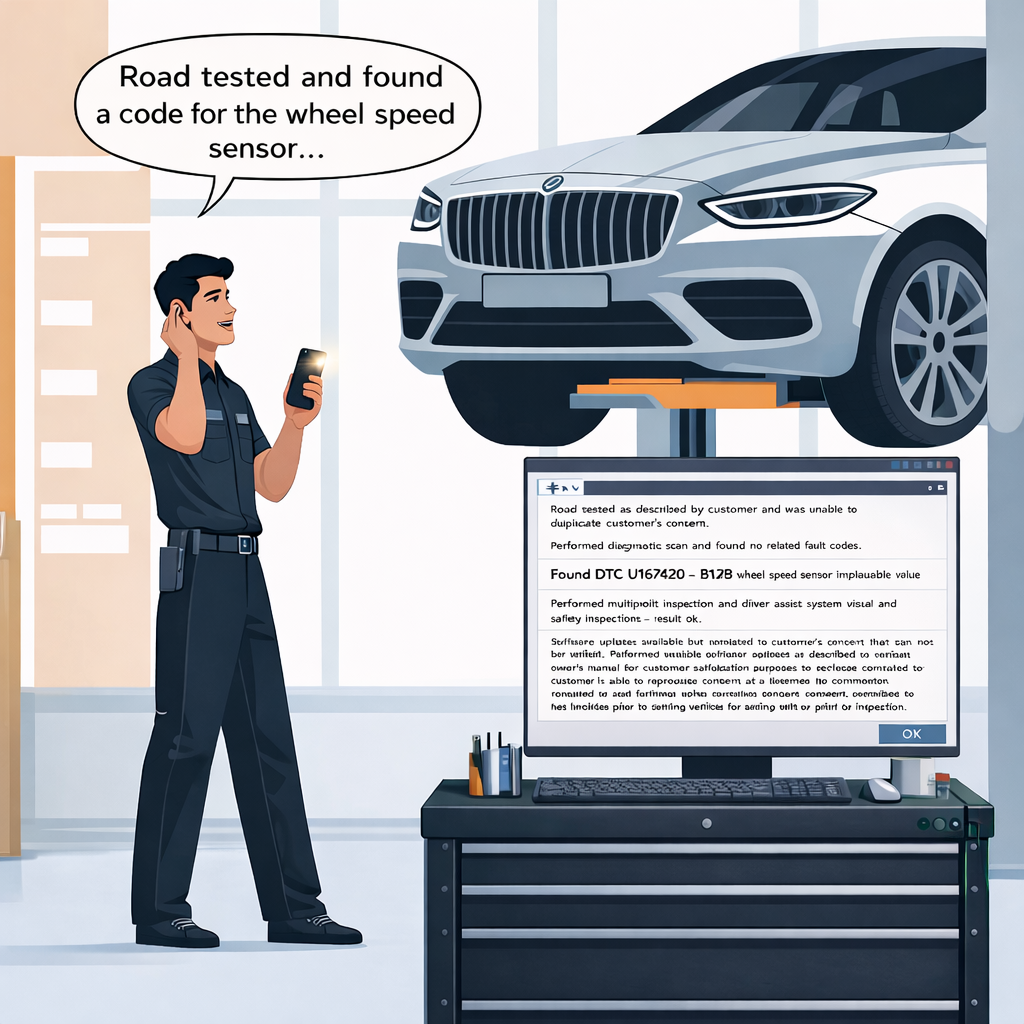 Auto technician using MTQ Now — voice recording transforms into a professional repair story on the DMS screen